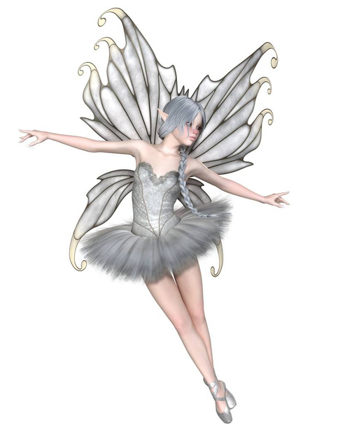 Fantasie illustratie van een Ballerina Winter Fairy met zilveren vleugels en een witte tutu, 3d digitaal gerenderde afbeelding - Foto, afbeelding