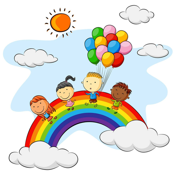 Ryhmä lapsia leikkii sateenkaaren yläpuolella värikkäillä ilmapalloilla
 - Vektori, kuva