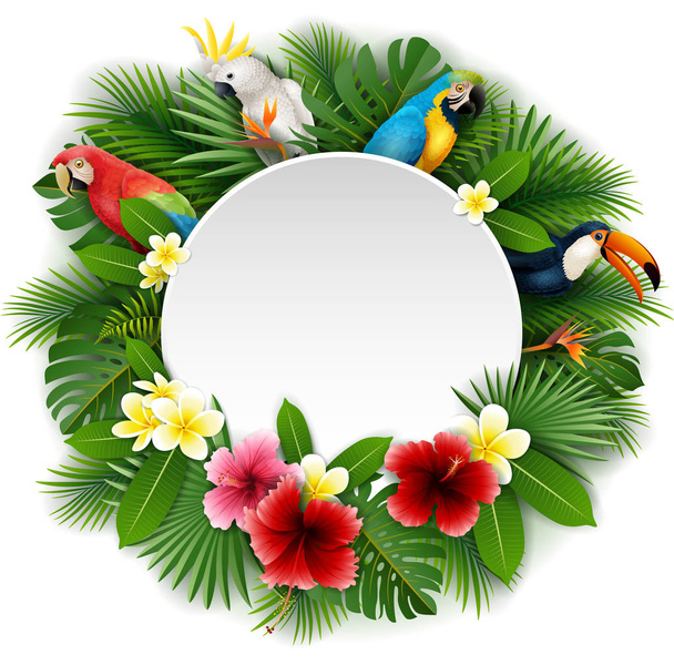 鳥のコレクションおよび熱帯植物の背景を持つ丸い空白記号 - ベクター画像