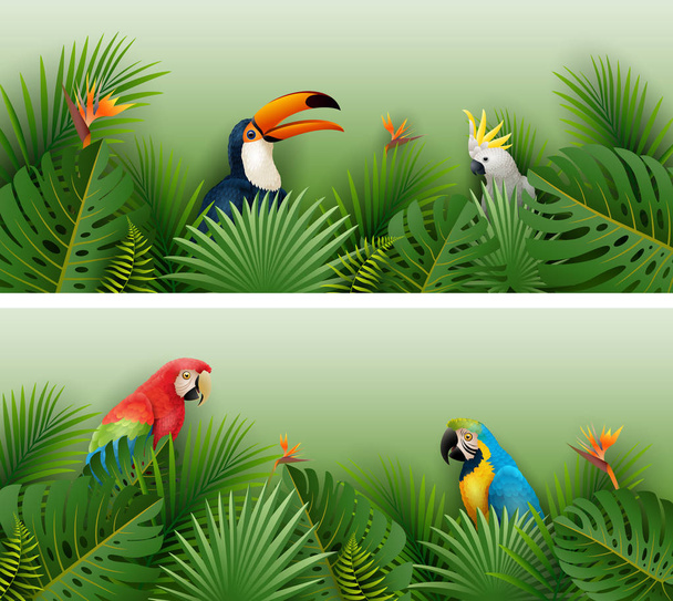 Tropische planten bladeren banner met vogels - Vector, afbeelding