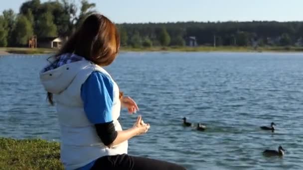 Mujer joven arroja pan a una bandada de patos en un lago
 - Imágenes, Vídeo