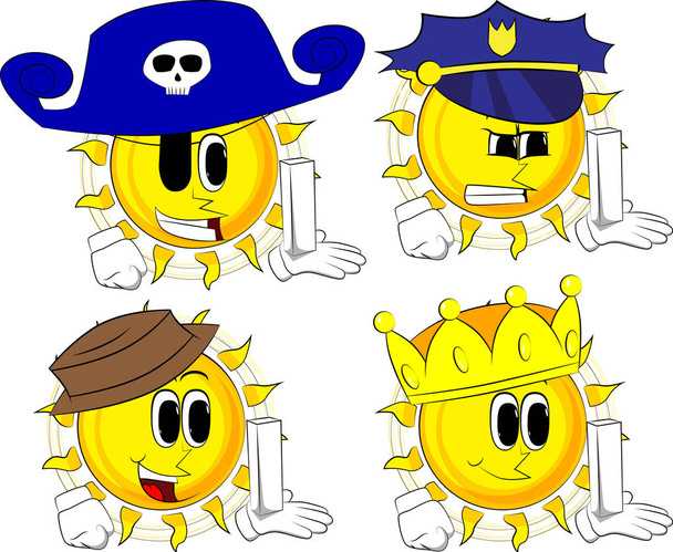 Cartoon sun holding white tall box. Collection with costume. Expressions vector set. - Vector, Image
