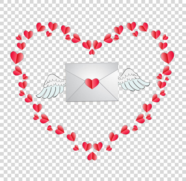 envelop met hart stempel en witte engel vleugels omlijst met rood - Vector, afbeelding