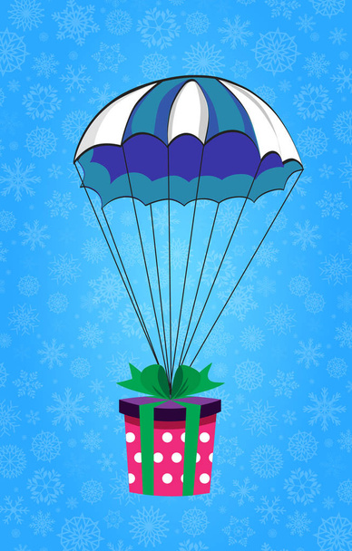 gift wrapped with green ribbon flying on blue and white parachut - Vector, Image