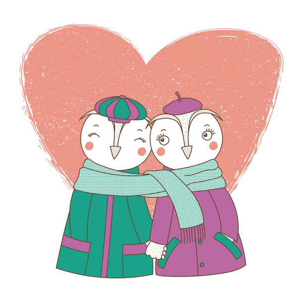 Kézzel rajzolt vektoros illusztráció pár aranyos vicces baglyok kabátban kézen, és burkolózva egy sálat, Valentin-nap-koncepció  - Vektor, kép