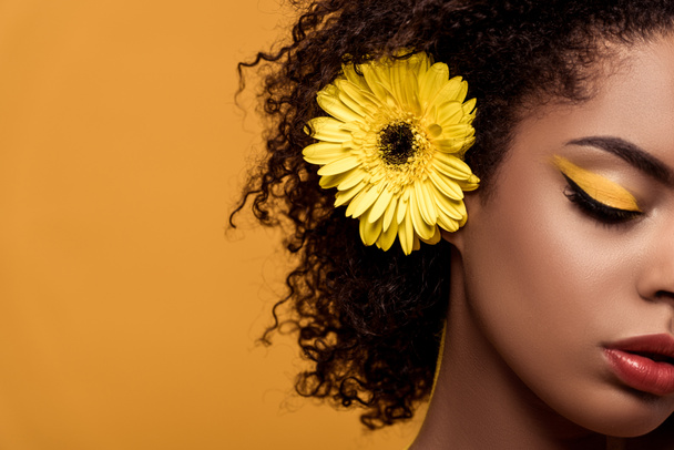 Retrato de cerca de una joven afroamericana sensual con maquillaje artístico y gerberas en pelo aislado sobre fondo naranja
 - Foto, Imagen