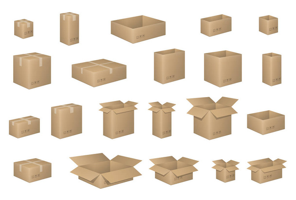 Conjunto grande de caixas de papelão isométricas isoladas em branco. Caixa de papelão organizada por camadas. Ilustração vetorial da embalagem. Embalagem de entrega cartão aberto e fechado com sinais frágeis
. - Vetor, Imagem