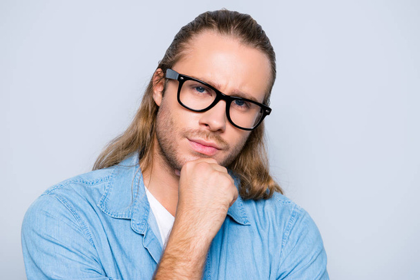 Close up portrait of attractive, clever, stunning man in jeans s - 写真・画像