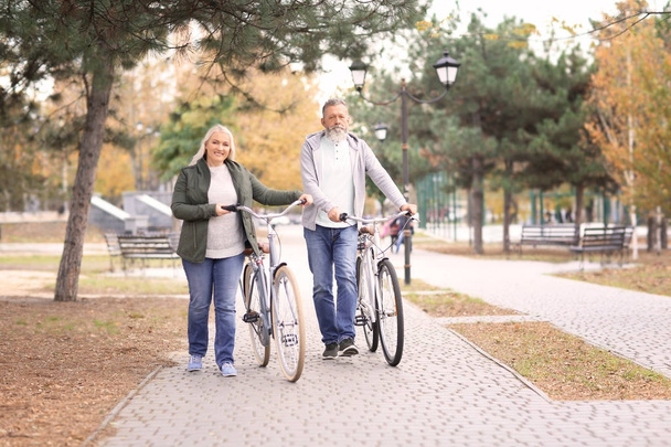 Senior couple walking with bicycles in park - Φωτογραφία, εικόνα