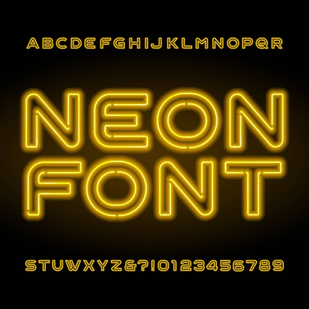 Neon abecedy písmo. Žlutá písmena a čísla. Vektorové písmo pro vaše záhlaví nebo jakýkoliv design typografie. - Vektor, obrázek