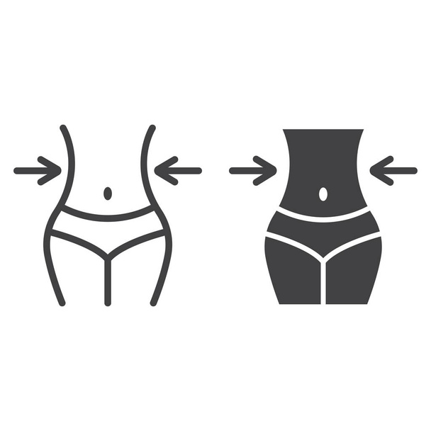 Gewichtsverlust und Glyphen-Symbol, Fitness und Sport, schlanker Körper mit Maßband-Zeichenvektorgrafik, ein lineares Muster auf weißem Hintergrund, Folge 10. - Vektor, Bild