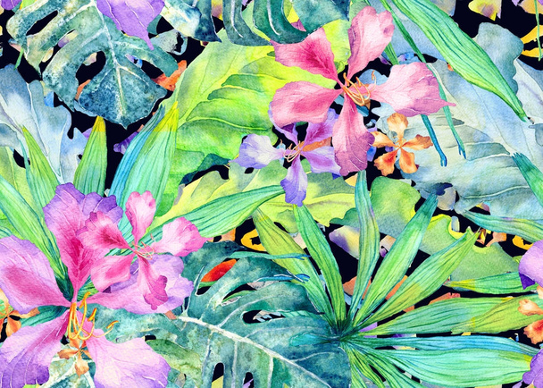 Tropical pattern. Watercolor thailand palm, monstera, hibiscus, banana tree. - Photo, Image