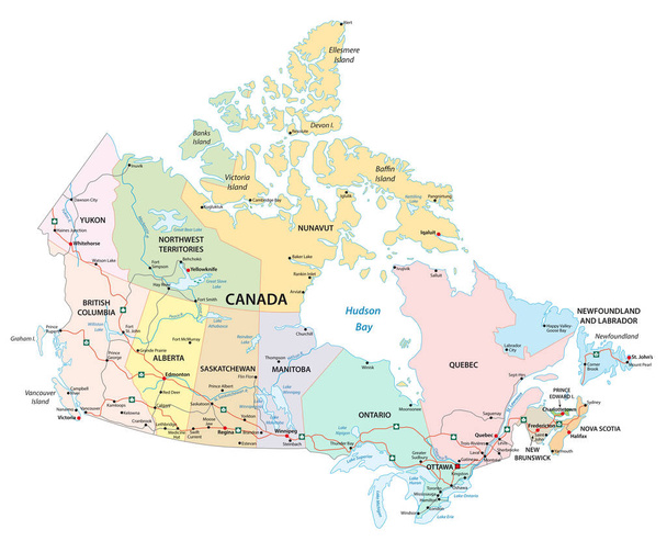 Административная, политическая и дорожная карта Канады
 - Вектор,изображение
