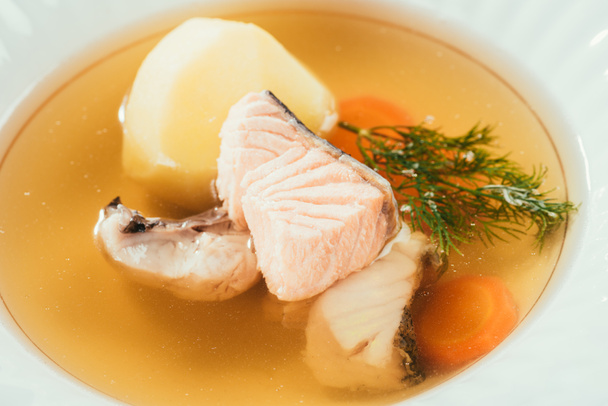 close up de sopa de salmão com batata, cenoura e ervas servidas em prato branco
  - Foto, Imagem