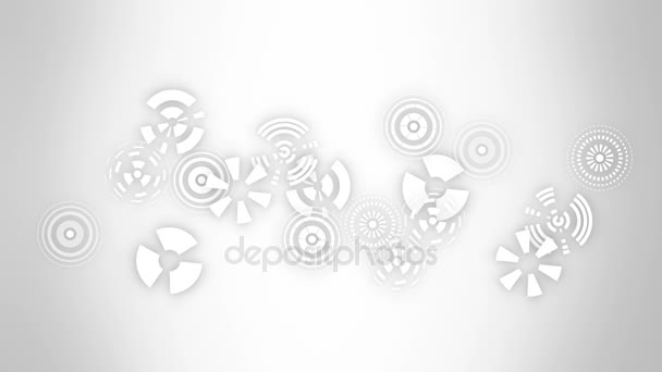 Abstract round animation, hi-tech background with circles. Transparent fill up screen and monitor. Futuristic Sci-Fi HUD effect. Central sight of wheels in technology. Subtle mechanical gears on white - Felvétel, videó