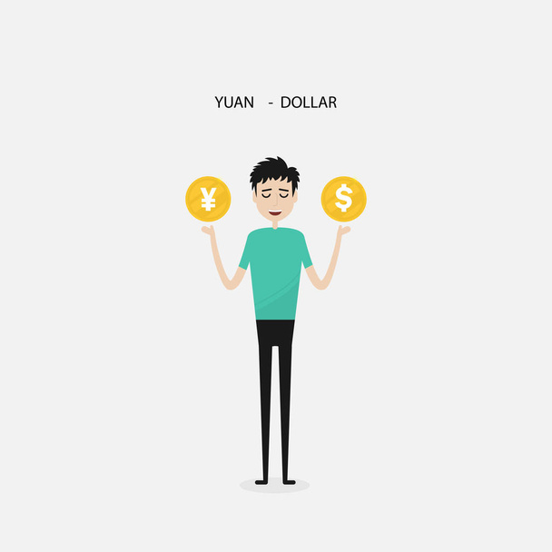 Empresario con dólar estadounidense y Yuan sign.Dollar y Yuan
  - Vector, Imagen
