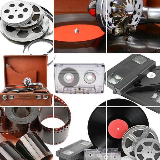Collage of retro music and photo and video equipment. Gramophone - Photo, Image