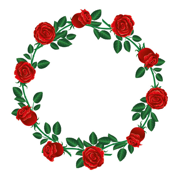 Round frame of red roses on a white background. - Vektör, Görsel