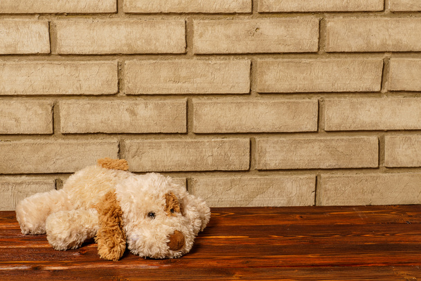 Милая игрушка-щенок на фоне старой белой кирпичной стены. New Ye
 - Фото, изображение