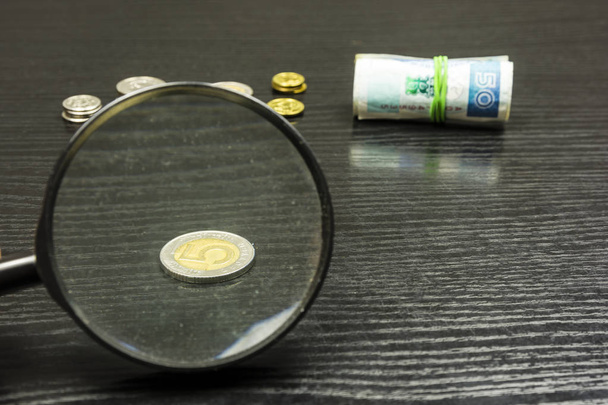 Polish five zloty through a magnifying glass. - Photo, Image