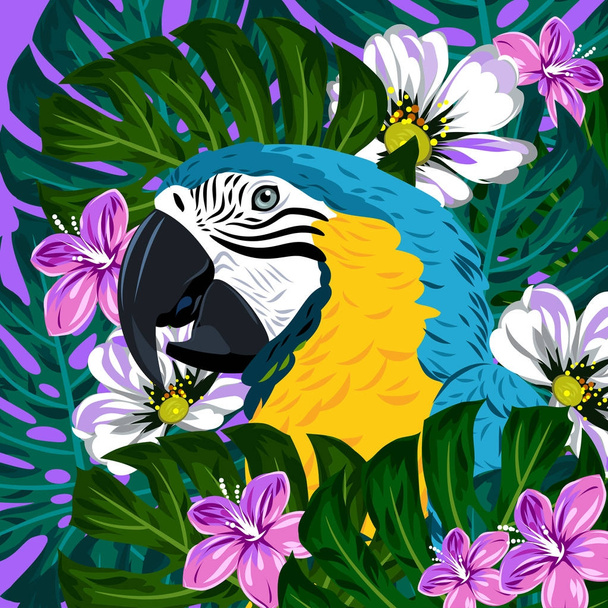 Portrait of a macaw parrot in thickets of tropical flowers - Vector, Image