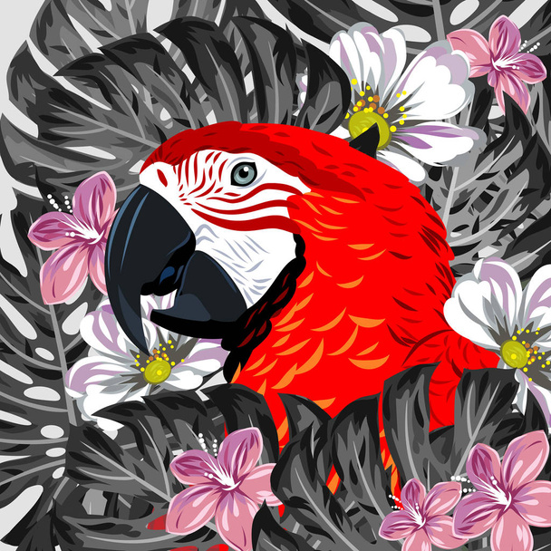 Porträt eines Ara-Papageien im Dickicht tropischer Blumen - Vektor, Bild