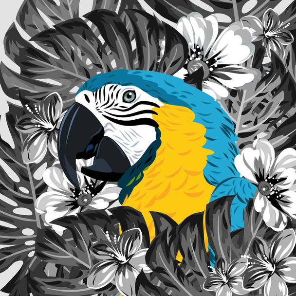 Portrait of a macaw parrot in thickets of tropical flowers - Vector, Image