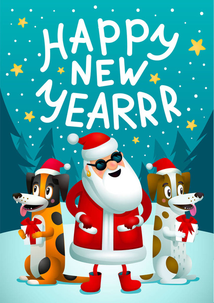 Ευτυχισμένος ο καινούριος χρόνος. Βασίλη και 2 αστεία σκυλιά με δώρα. Hipster αφίσα Χριστούγεννα κόμμα με επιγραφή καλά Χριστούγεννα. Ευχετήρια κάρτα για το Xmas. - Διάνυσμα, εικόνα
