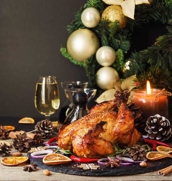 Baked turkey or chiken or Christmas or New Year Thanksgiving Day space for text - Photo, Image