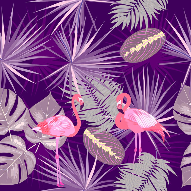 Tropical palm leaves vector seamless pattern with flamingo - Vector, Image