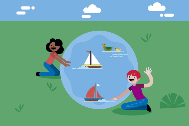 Мальчик и девочка играют с лодками в озере
 - Вектор,изображение