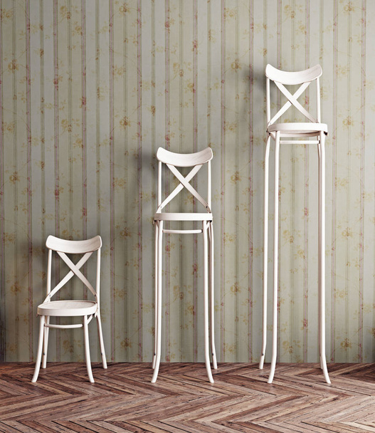 Kolme tuolia eri korkeudella huoneessa. 3d-käsite
 - Valokuva, kuva