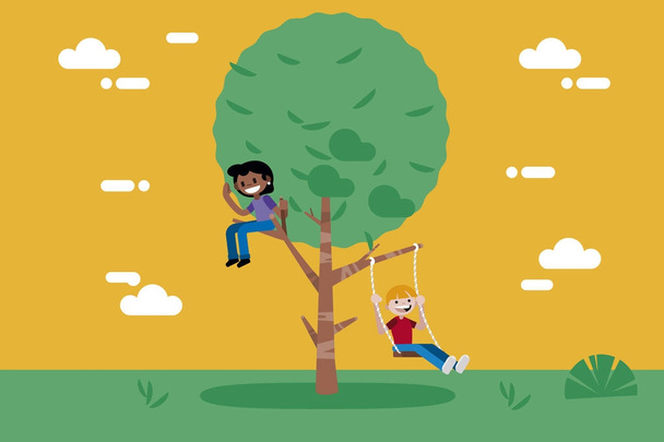 Çocuklar bir ağaçta oyun - Vektör, Görsel