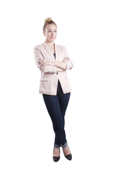 adult businesswoman wearing a jacket stands isolated - 写真・画像