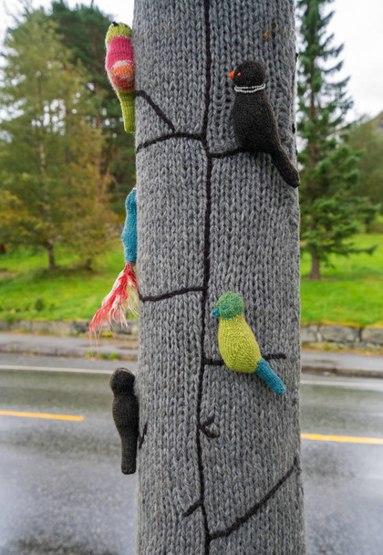 Woolen knitwear covers tree trunks at Eidfjord in Norway - Zdjęcie, obraz