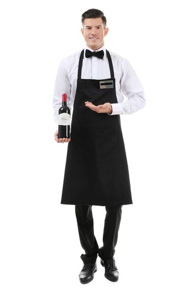 Waiter holding bottle of wine on white background - Foto, afbeelding