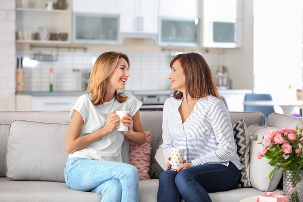 Attractive young woman drinking tea with her mother at home - Foto, immagini