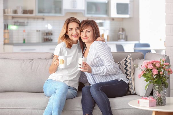 Attractive young woman drinking tea with her mother at home - Photo, Image
