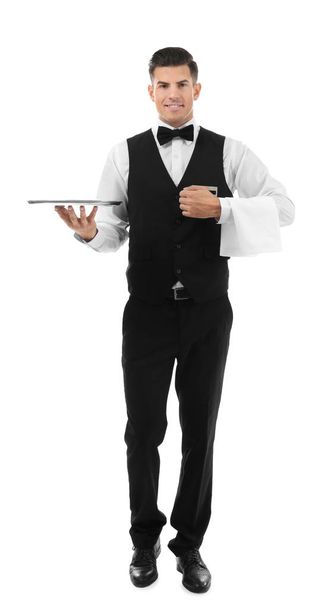 Male waiter with empty tray on white background - Фото, изображение