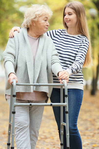 Young woman and her elderly grandmother with walking frame in autumn park - 写真・画像
