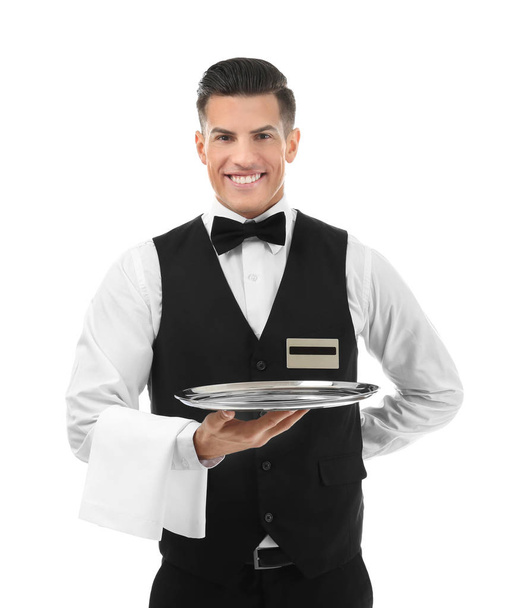 Male waiter with empty tray on white background - Foto, imagen