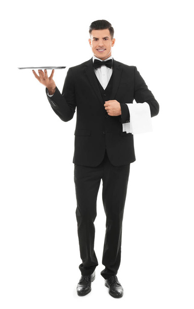 Male waiter with empty tray on white background - Фото, изображение
