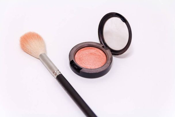 Close up of makeup brush and blush box isolated on white backgro - Photo, Image