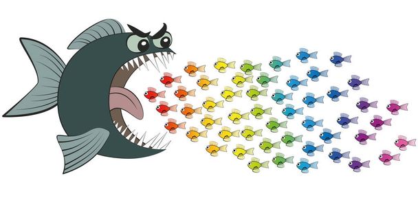 Iso kala syö monia pieniä värikkäitä kaloja Comic
 - Vektori, kuva