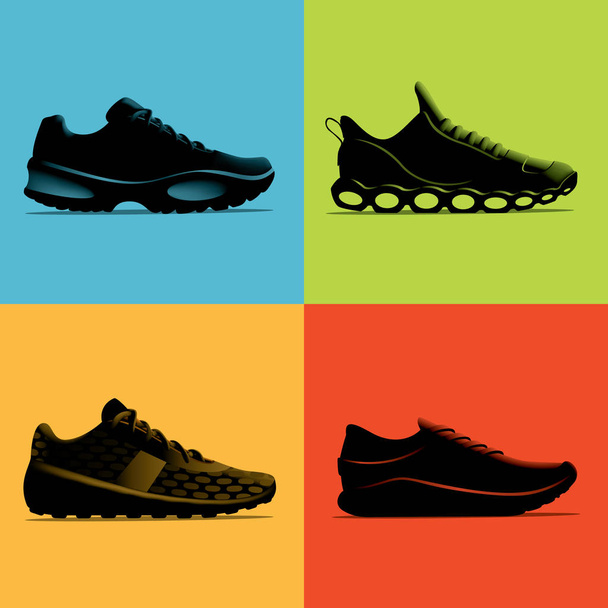 Bir dizi renkli arka planlar önünde çevre siluet işlenen 4 spor ayakkabıları. Bu düzenlenebilir ve ölçeklenebilir vektör çizimi. - Vektör, Görsel