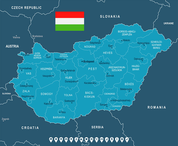Węgry - Mapa i flagi - Szczegółowa ilustracja wektorowa - Wektor, obraz