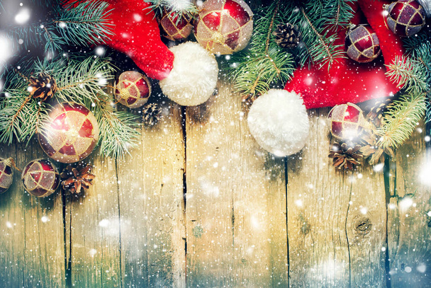 Christmas Card Fir Tree Toys Red Balls Santa's Hat - Foto, Imagem