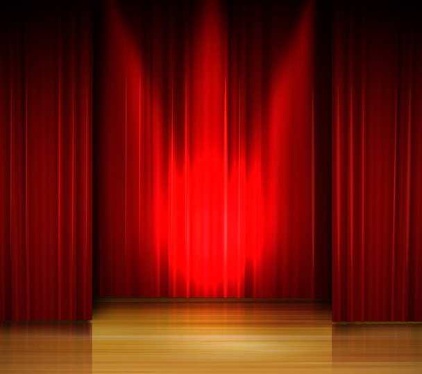 Vektoros illusztráció, üres színpad Vörös függöny és a reflektorfényben, a fa padló - Vektor, kép