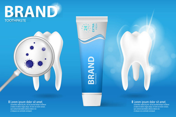 Fogfehérítő fogkrém ad. Reális tiszta és a szennyezett fog a kék háttér, elszámolási fogat folyamat aroma menta fogkrém, és a fogkrém védelem a fogszuvasodás. Egészséges fogak fogalmának. - Vektor, kép