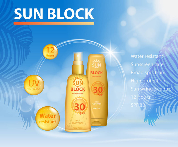 Sunblock Uv προστασία διαφημίσεις πρότυπο, φροντίδα αντηλιακά καλλυντικά προϊόντα σχεδιασμό πρόσωπο και κρέμα σώματος και το πετρέλαιο στο Παλμ Μπιτς καλοκαίρι φόντο. Εικονογράφηση διάνυσμα - Διάνυσμα, εικόνα
